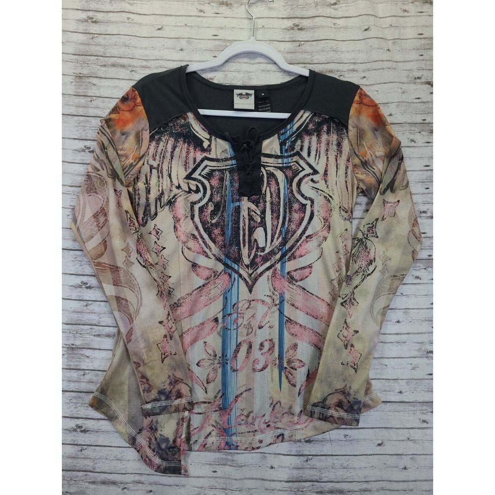 Womens Harley Davidson Grey Pink Shirt Size‎ Medium Long Sleeve Henley Tie Neck